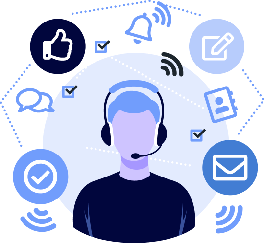 Imagem vetorizada de uma pessoa usando fone com icones de midia em volta