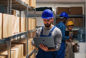Um homem em um armazém segurando um notebook